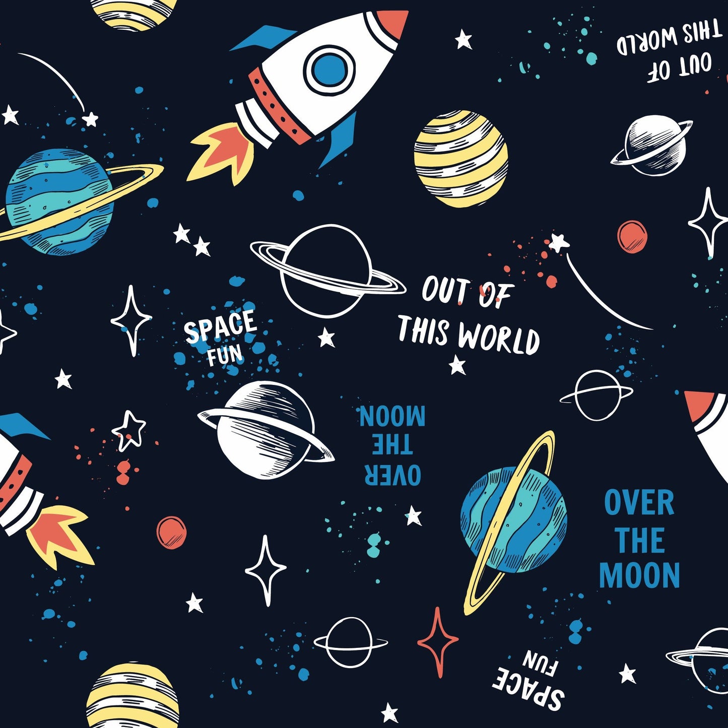 A wall mural featuring various space-themed graphics including a rocket, planets, and the text 'Out of this world'.