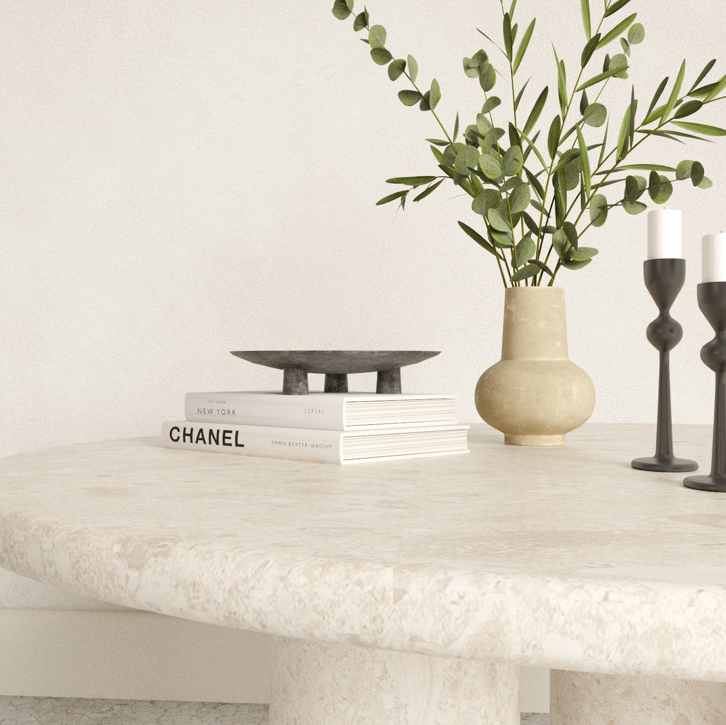 Luxurious Omani marble round top table with 3 cylindrical marble bases. Instant upgrade to any space.
