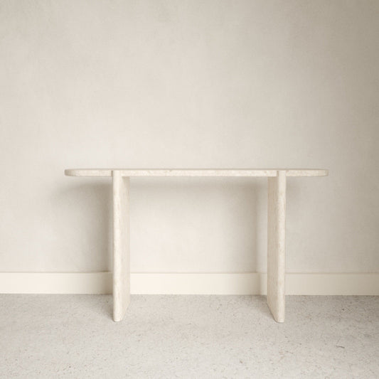 A simple, sleek white Omani Marble console table, with a minimalist design, goes well anywhere!