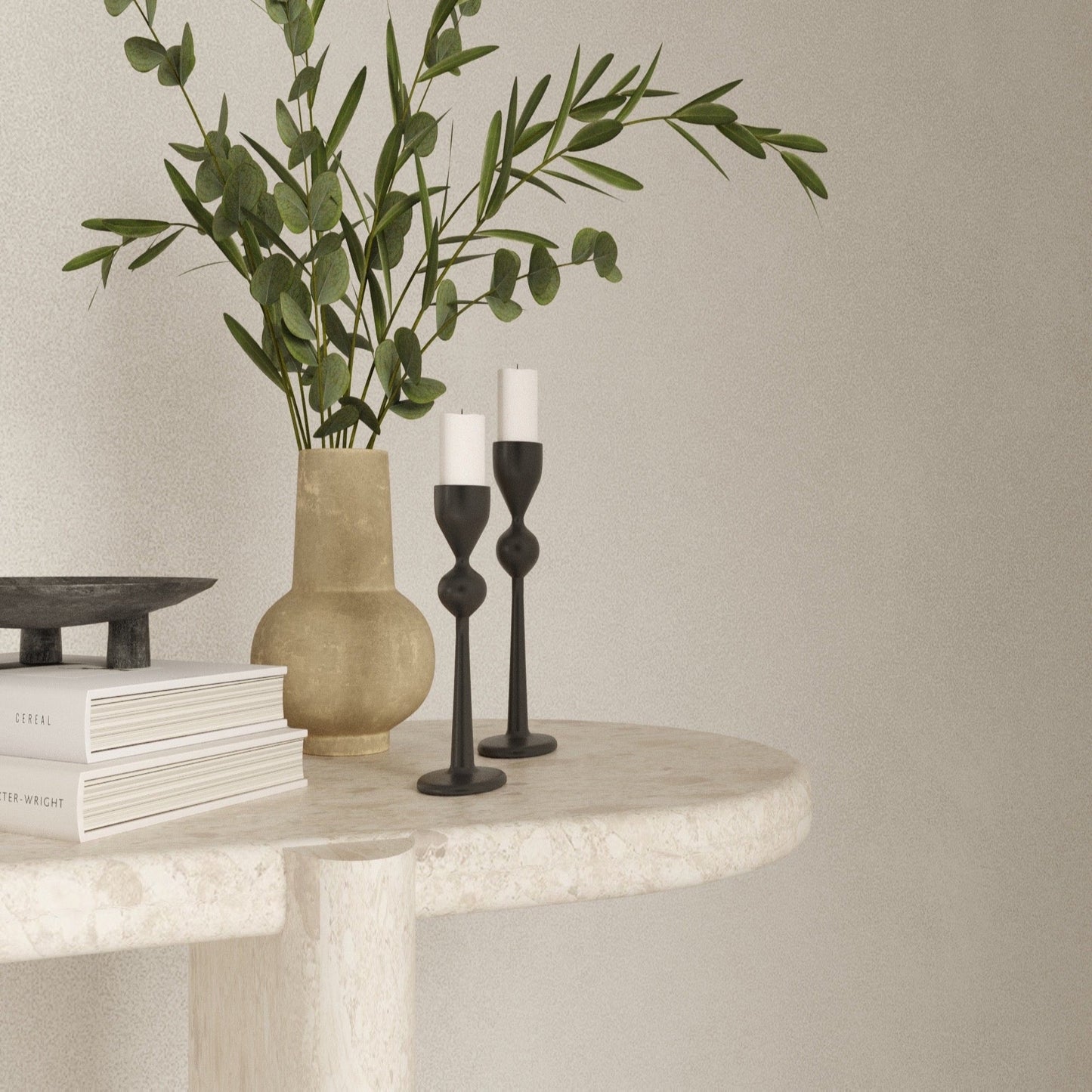 Close up of the Serenity Collection Omani Marble Table with smooth curve on the table as well as the table support.